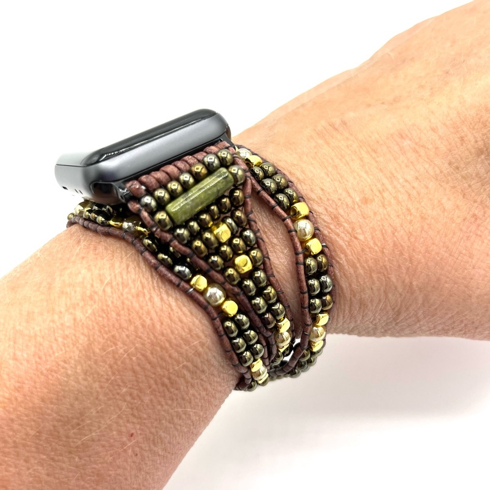 HAND CRAFTED Brown Leather Apple Watch Wrap with Green and Gold Beads.